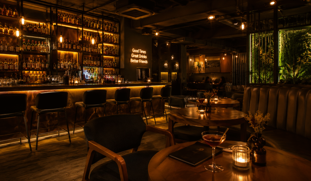 Ambiente interno de bar no Tatuapé com iluminação aconchegante, balcão de bebidas e mesas para happy hour.