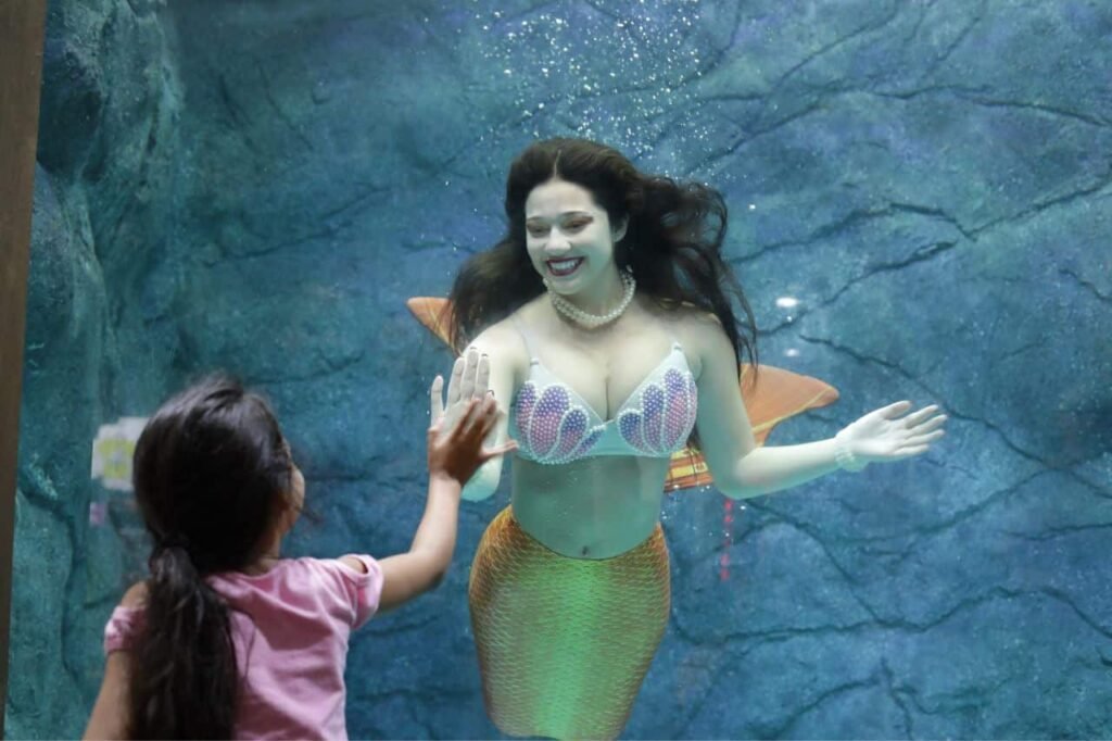 Família se divertindo no Aquário de São Paulo, observando peixes e outros animais marinhos.