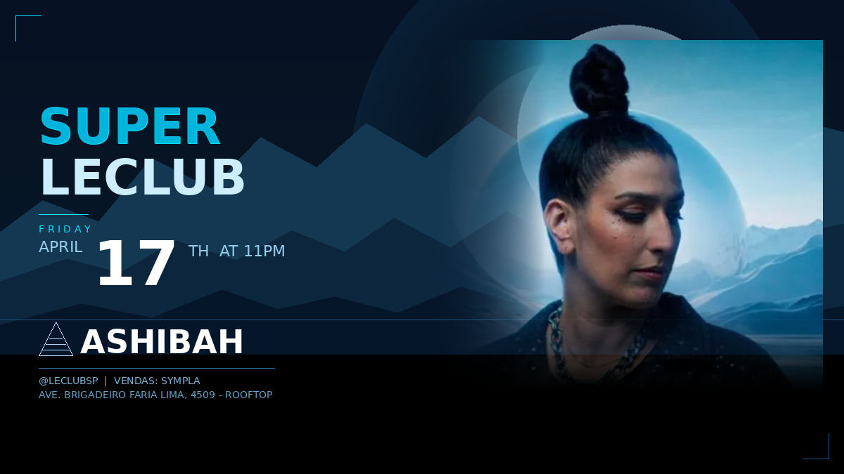 DJ Ashibah se apresentando na Le Club SP em São Paulo, com a cidade ao fundo