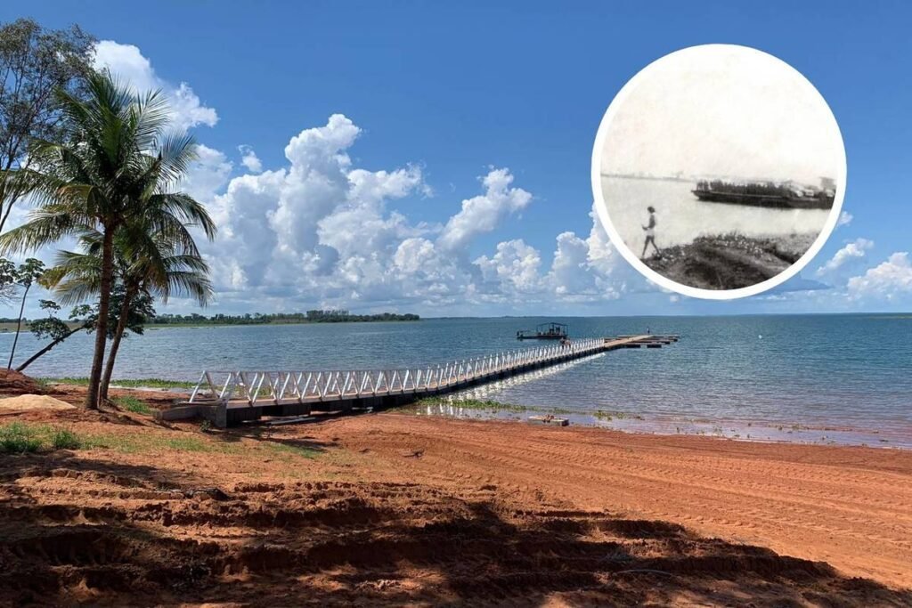 Vista submersa da antiga cidade de Rubinéia, com fragmentos de edificações à tona durante a estiagem do rio Paraná.