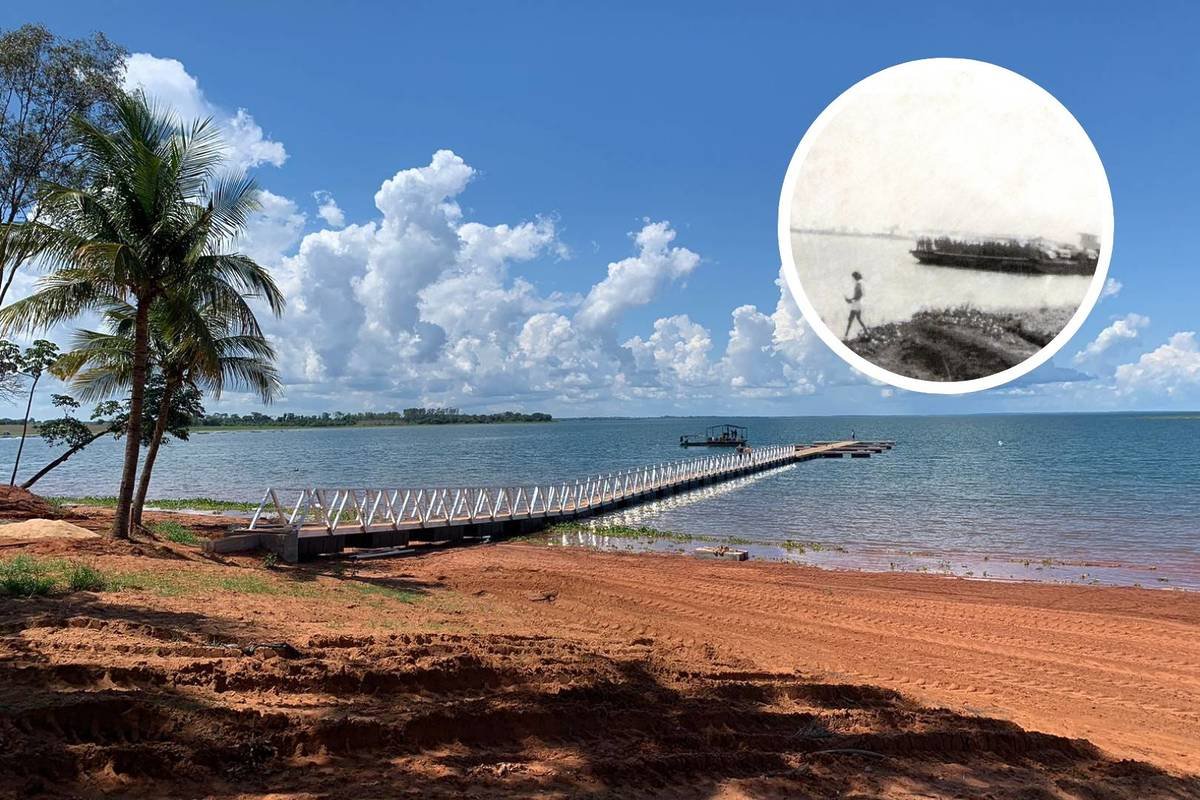 Vista submersa da antiga cidade de Rubinéia, com fragmentos de edificações à tona durante a estiagem do rio Paraná.