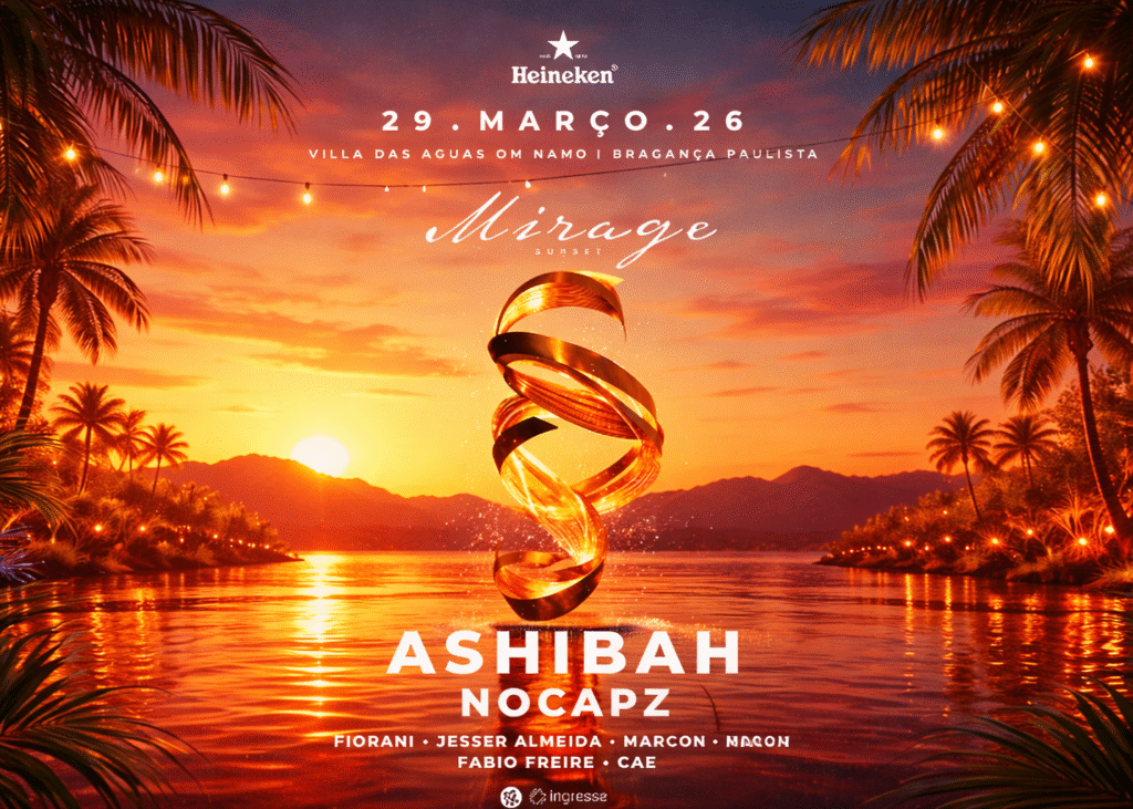 Pôr do sol deslumbrante na represa de Bragança Paulista durante o festival Mirage Sunset com Ashibah.