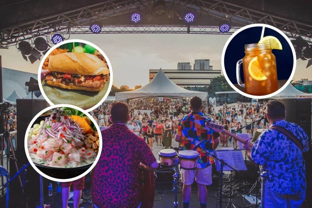 Paella gigante rodeada de pratos típicos da América Latina