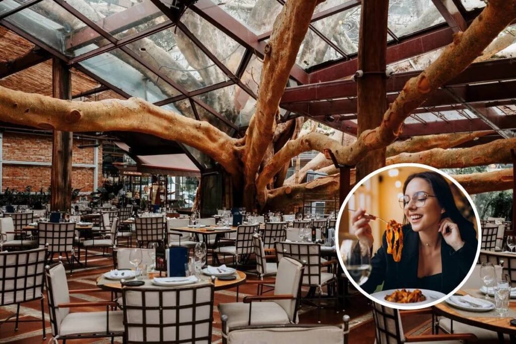 Vista panorâmica de um restaurante bonito em São Paulo com uma decoração elegante e pratos sofisticados.