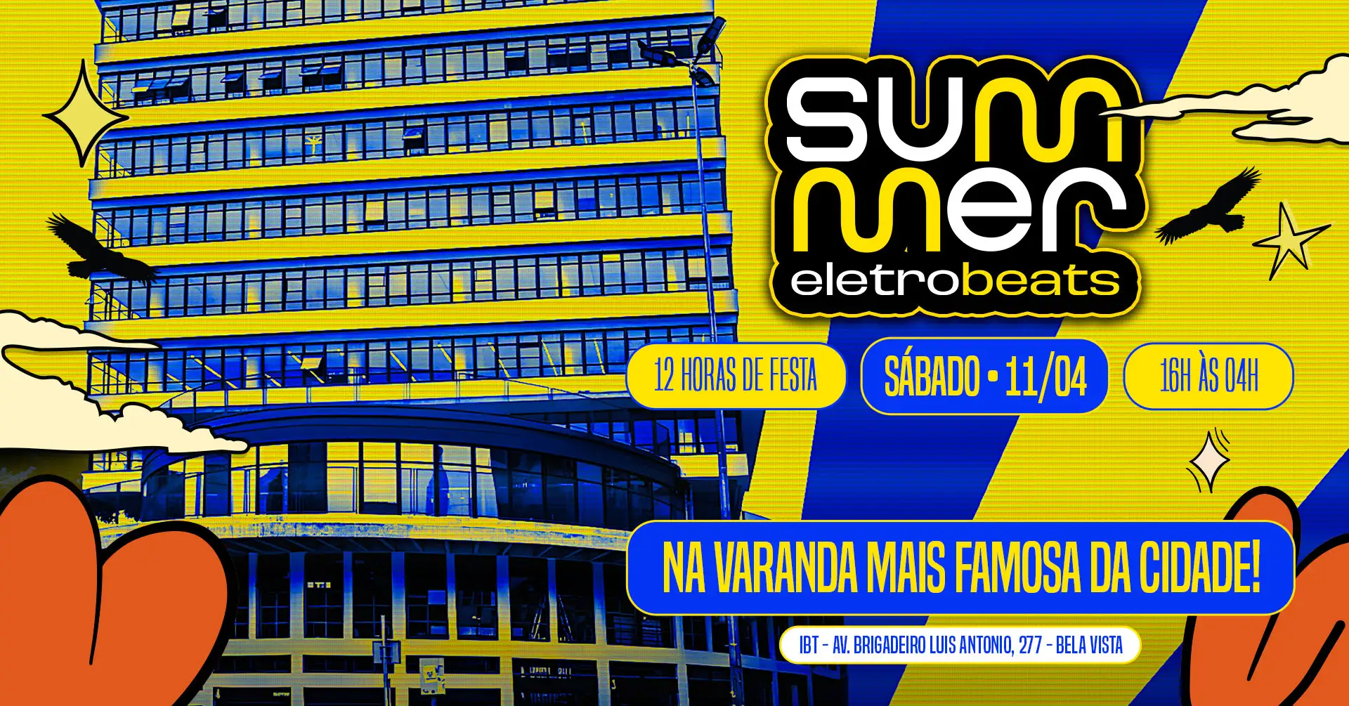 Cartaz do Summer EletroBeats 2026 em São Paulo com DJs e público dançando