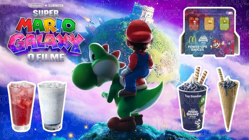 Cardápio especial do McDonald's Brasil inspirado em Super Mario Galaxy com itens como McColosso Blueberry e brindes de chaveiros 3D