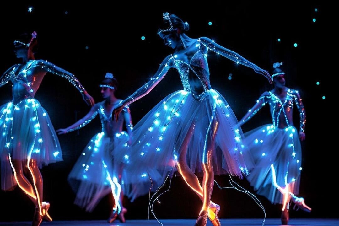 Dançarinos em cena no espetáculo 'Ballet of Lights: A Bela Adormecida', destacando a fusão de dança clássica e tecnologia com figurinos brilhantes.
