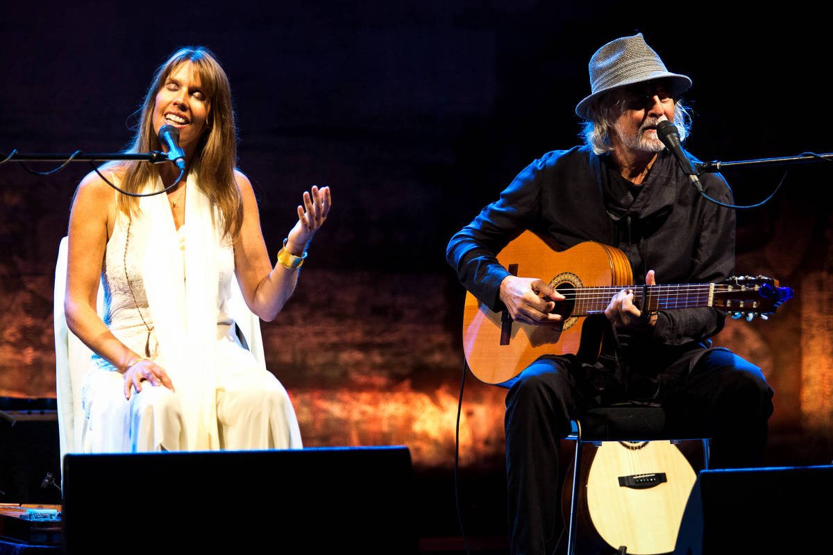 Deva Premal e Miten se apresentando em São Paulo, cercados por instrumentos musicais e atmosfera espiritual.