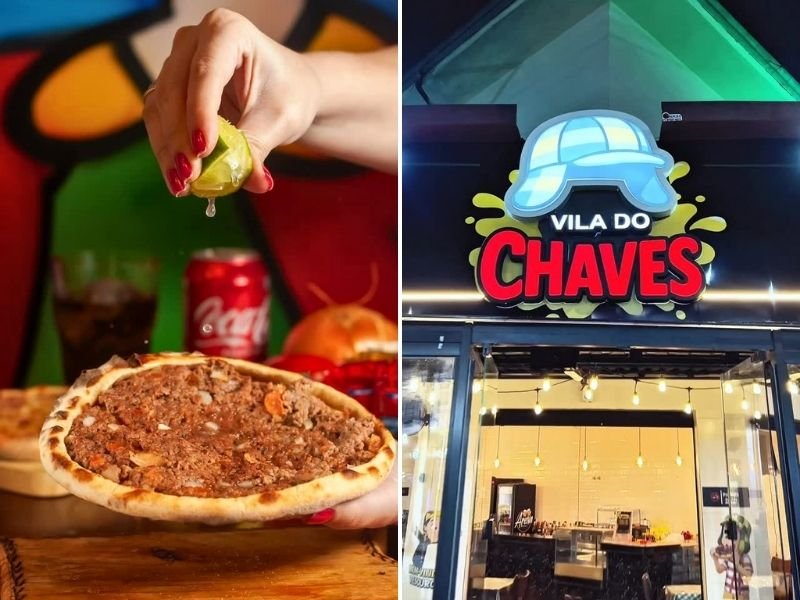 Esfihas temáticas do Chaves servidas em uma mesa decorada, com ambiente nostálgico