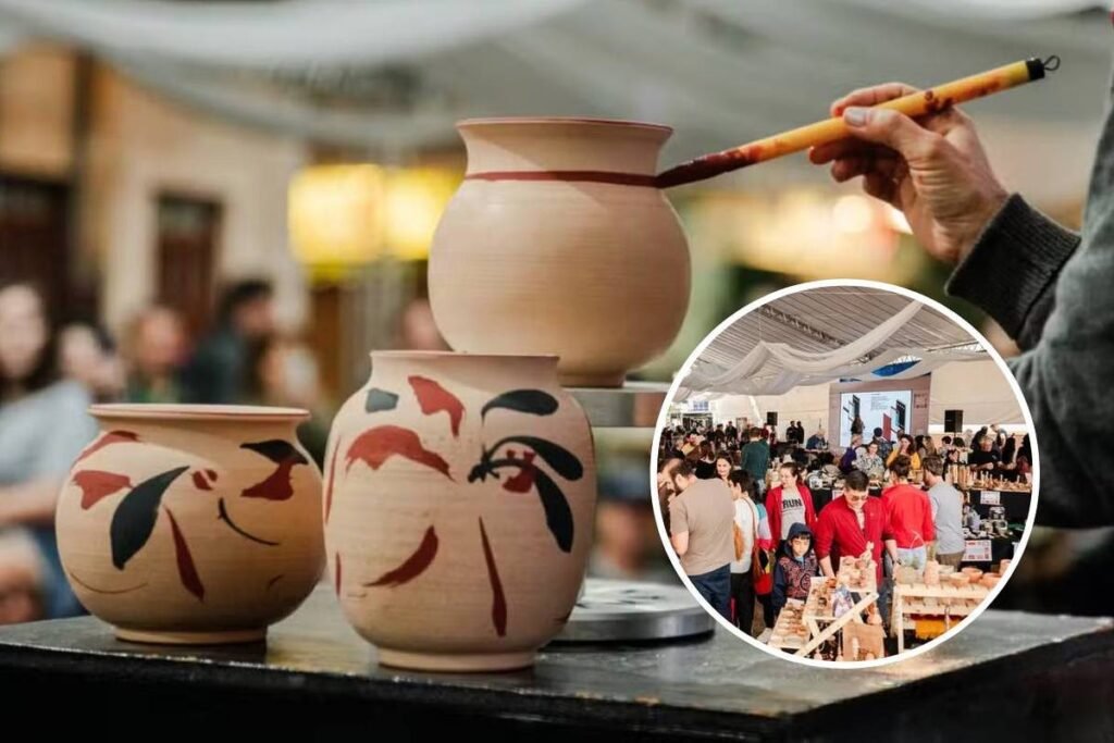 Pessoas participando de um workshop de cerâmica durante o Festival Internacional da Cerâmica de Cunha