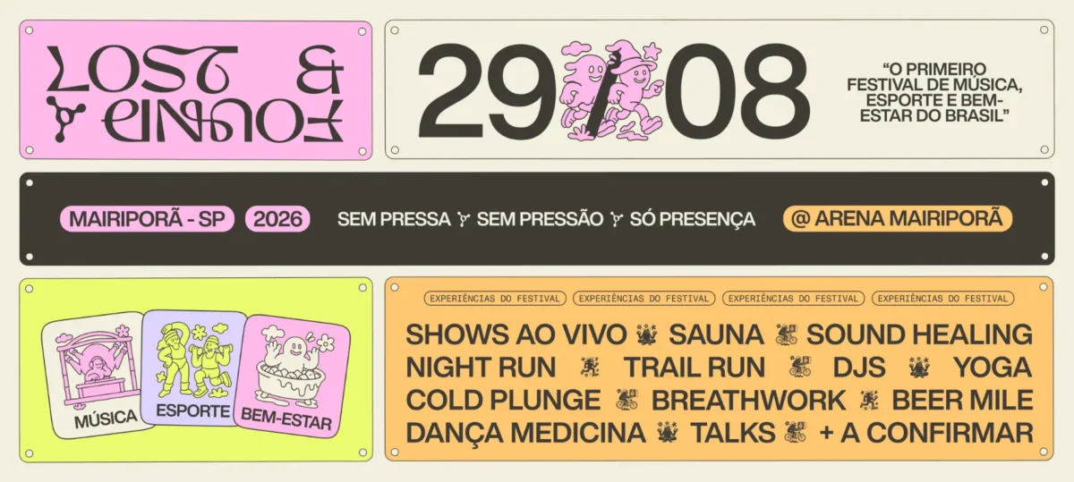 Pessoas se divertindo no festival Lost & Found em São Paulo, com música e atividades ao ar livre