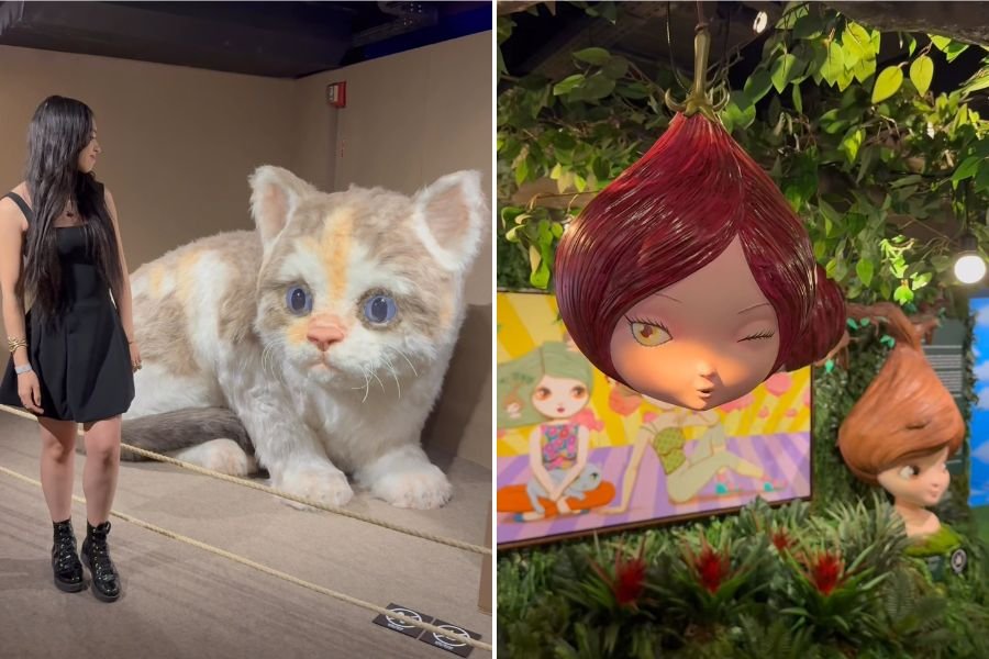Gatos gigantes coloridos na exposição Portais de Nina Pandolfo no Farol Santander em São Paulo