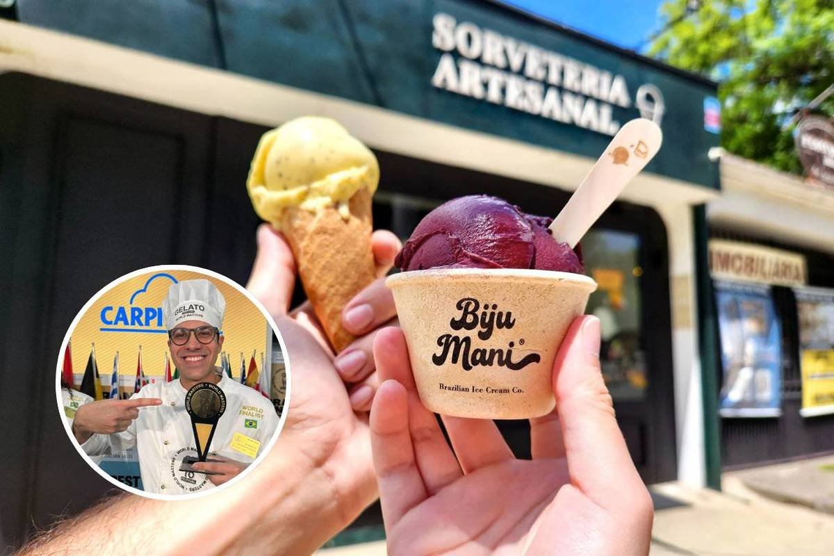 Sorvete da gelateria Biju Mani, destacando os sabores brasileiros e apresentação artística