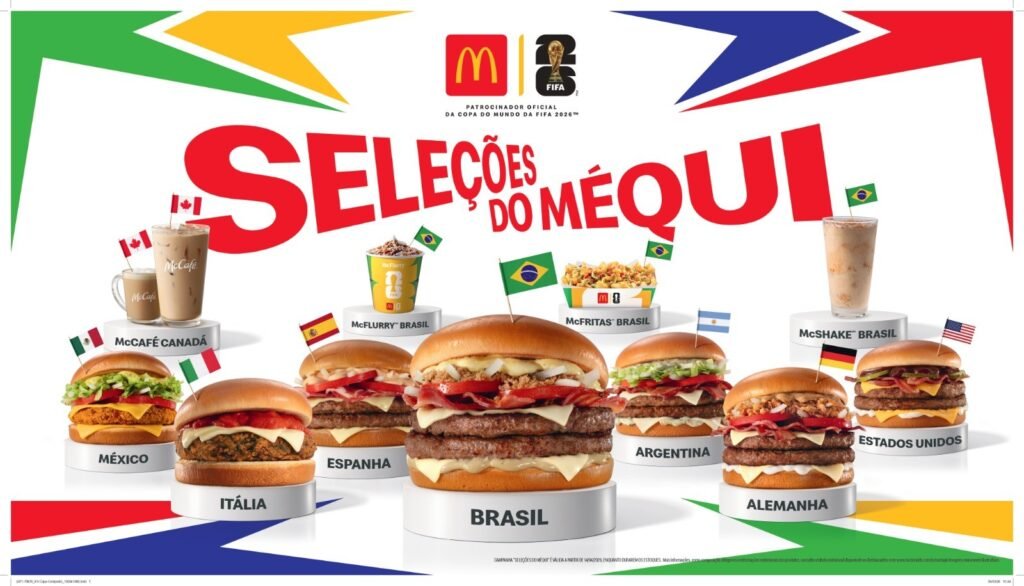 Imagem do novo menu 'Seleções do Méqui' do McDonald's para a Copa do Mundo de 2026, com sanduíches representando diferentes países.