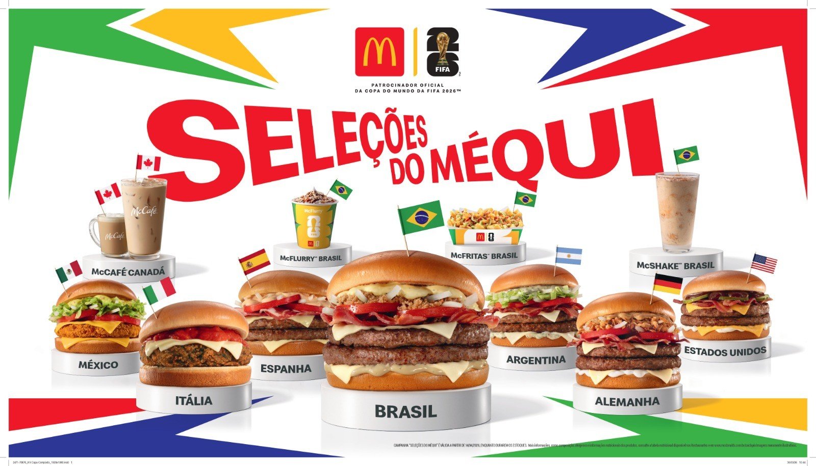 Imagem do novo menu 'Seleções do Méqui' do McDonald's para a Copa do Mundo de 2026, com sanduíches representando diferentes países.