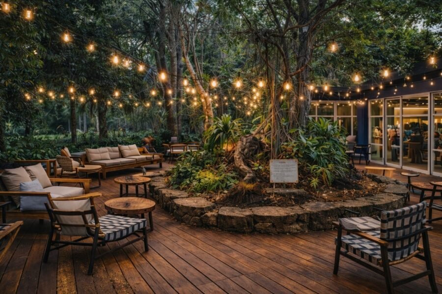 Visualização do projeto revitalizado da antiga lanchonete no Parque Celso Daniel, mostrando um restaurante moderno com deck de madeira e mesas ao ar livre cercadas pela natureza.