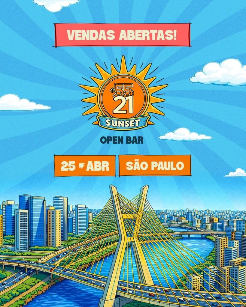 Pessoas se divertindo em uma festa ao pôr do sol em São Paulo.