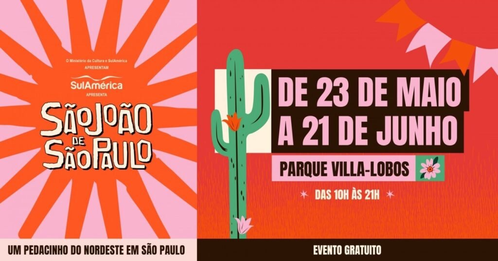Festa de São João no Parque Villa-Lobos em São Paulo, com barracas de comida típica e decoração junina.