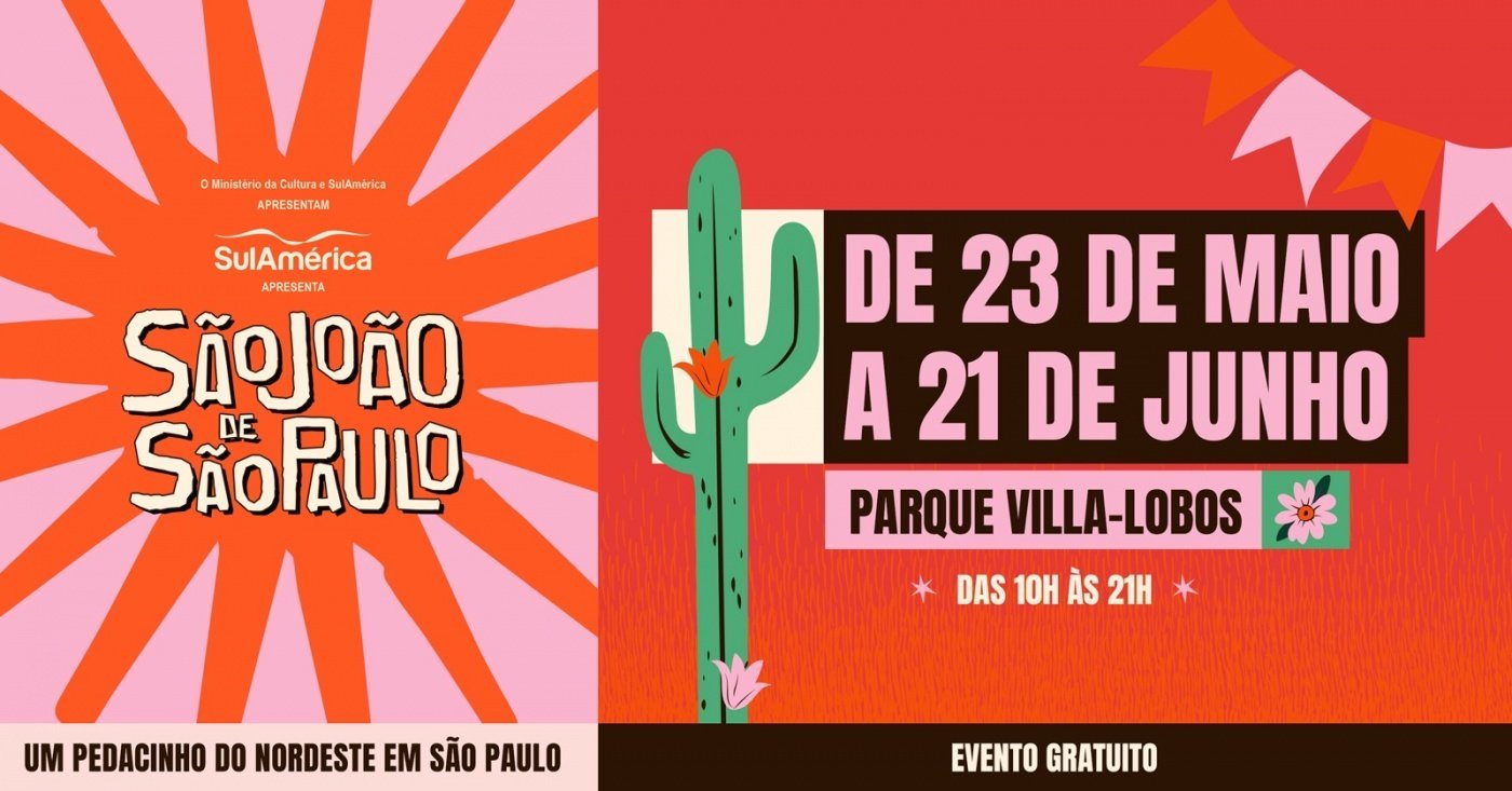 Festa de São João no Parque Villa-Lobos em São Paulo, com barracas de comida típica e decoração junina.