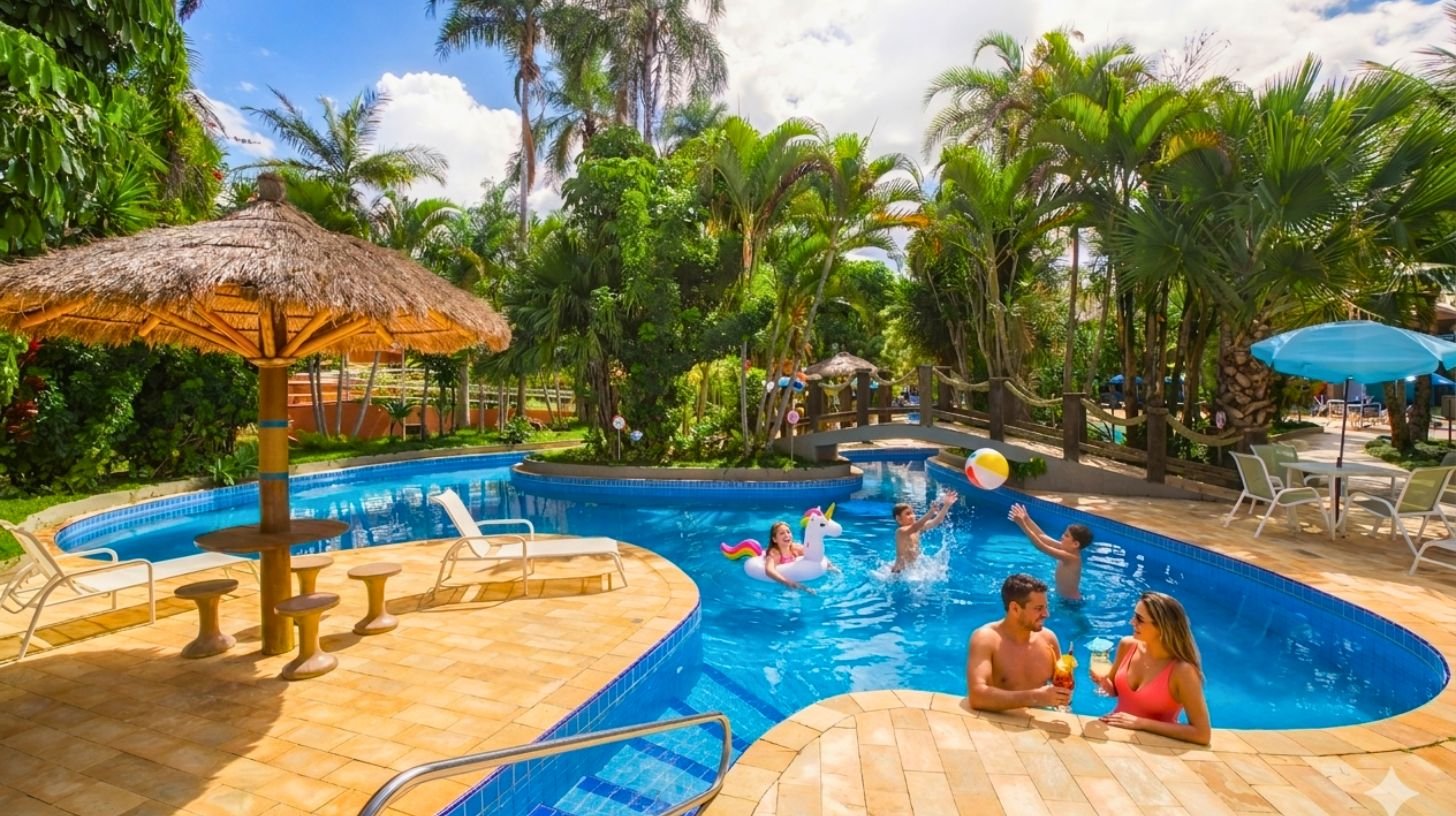 Piscina com praia artificial no Hotel Mil Flores em Bragança Paulista