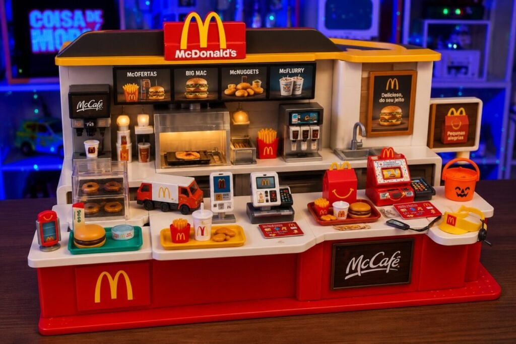 Lanchonete gigante do McDonald’s dos anos 90 com brinquedos coloridos