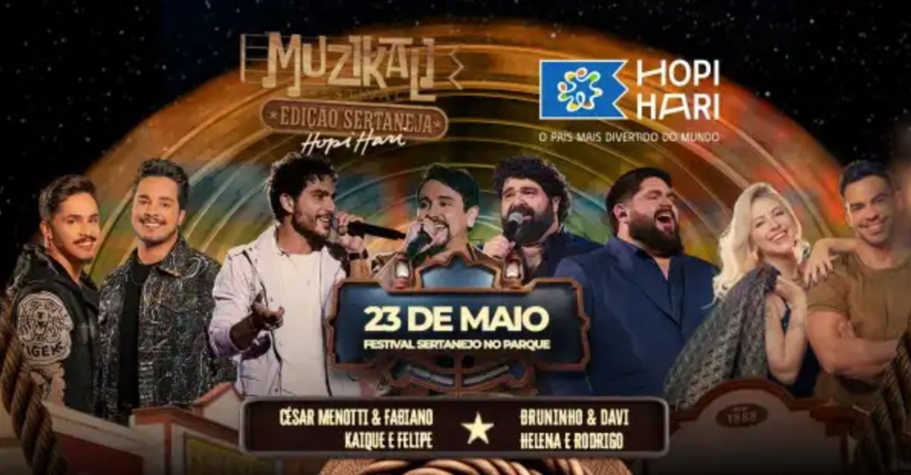 Público vibrando durante o Muzikali Festival 2026 no Hopi Hari, com artistas sertanejos no palco
