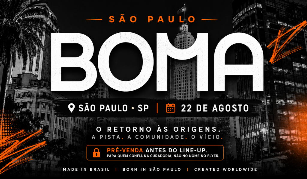 Banner do evento BOMA São Paulo 2026, com elementos de música eletrônica e a data do retorno.
