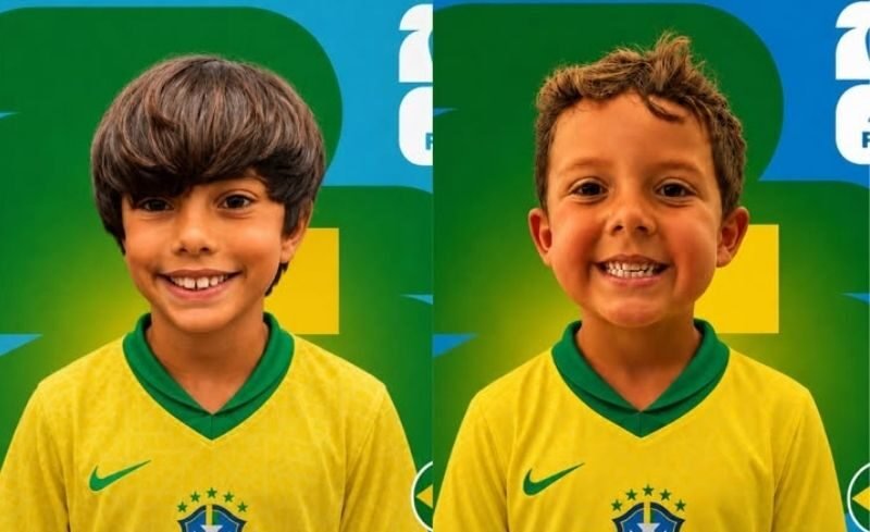 Criança transformada em figurinha da Seleção Brasileira durante a Copa do Mundo de 2026.