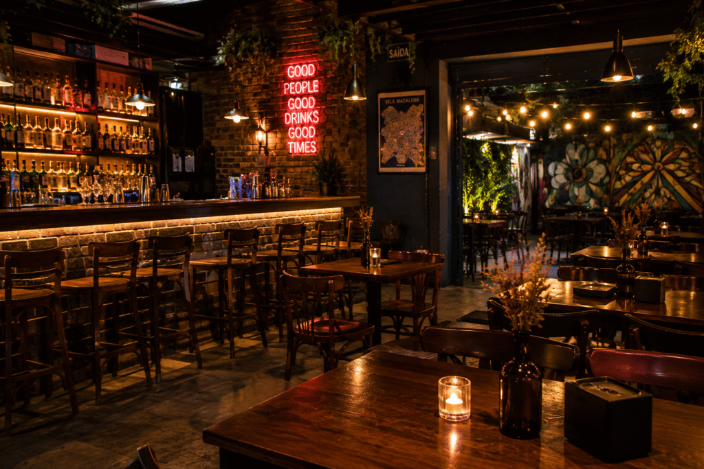 Ambiente interno de bar na Vila Madalena com iluminação aconchegante, balcão de bebidas e mesas para happy hour.