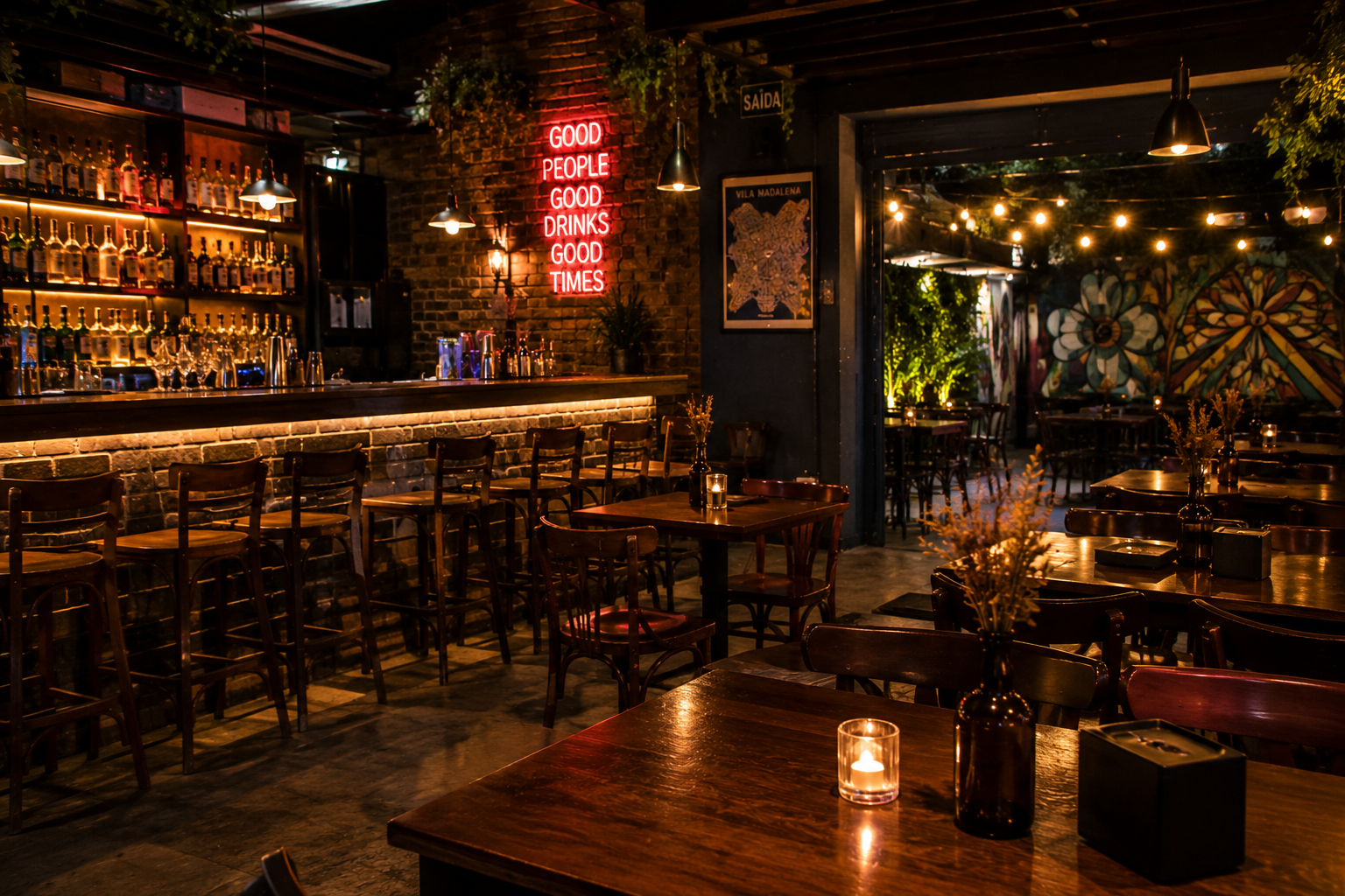 Ambiente interno de bar na Vila Madalena com iluminação aconchegante, balcão de bebidas e mesas para happy hour.