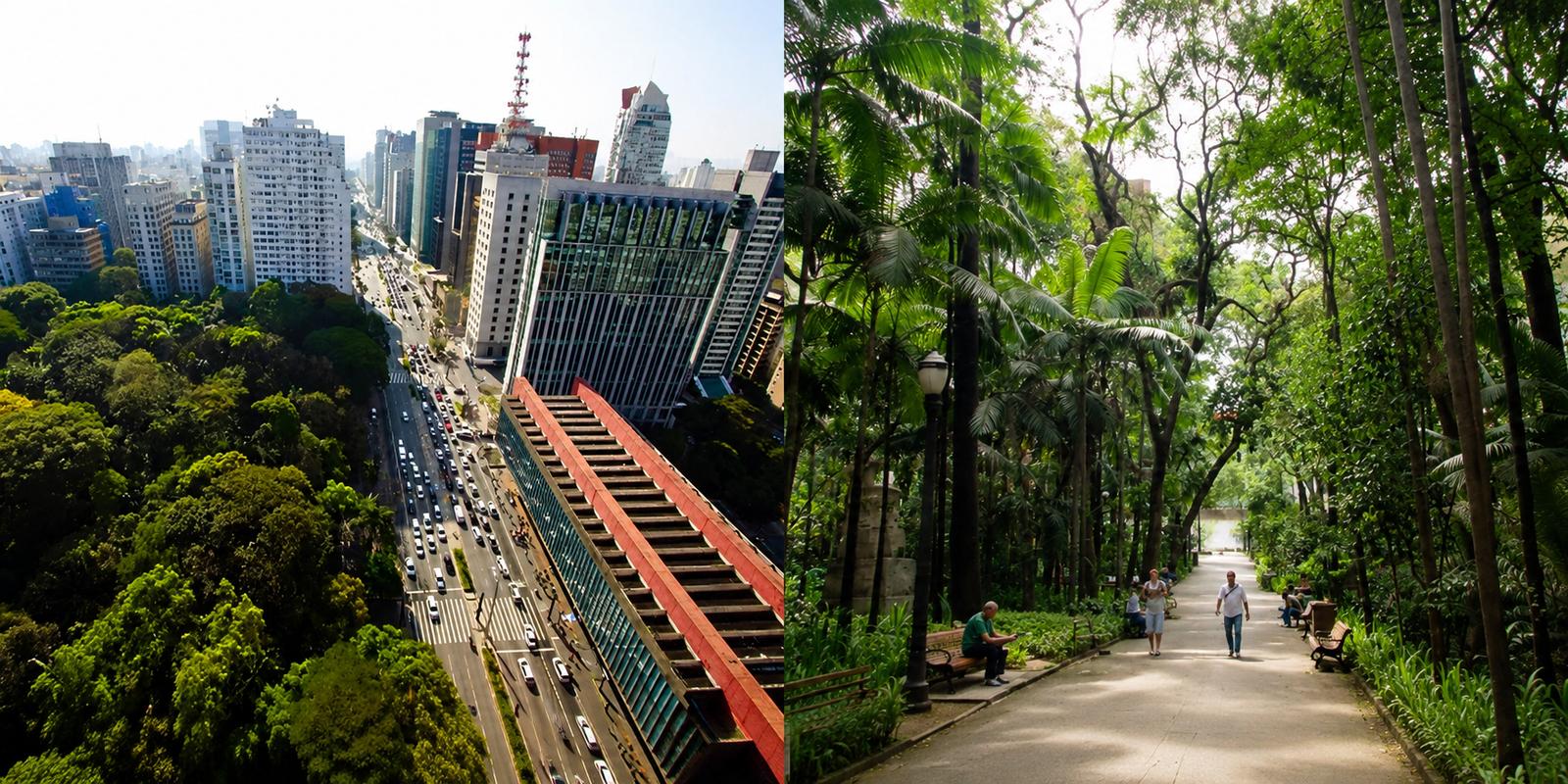 Vista do Parque Trianon em São Paulo com árvores nativas e espaço para relaxamento