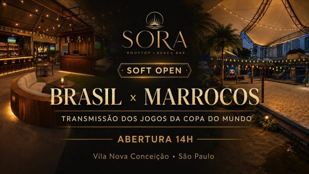 Vista do SORA Rooftop Beach Bar durante a Copa do Mundo com torcedores assistindo ao jogo Brasil x Marrocos