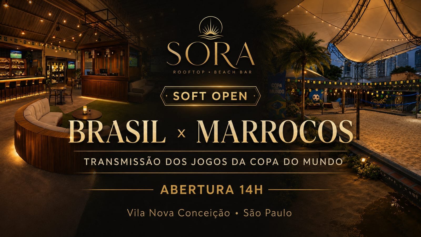 Vista do SORA Rooftop Beach Bar durante a Copa do Mundo com torcedores assistindo ao jogo Brasil x Marrocos