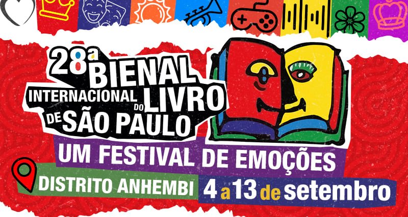 Visão geral da 28ª Bienal do Livro de São Paulo, com visitantes explorando estandes de livros e participando de atividades culturais.