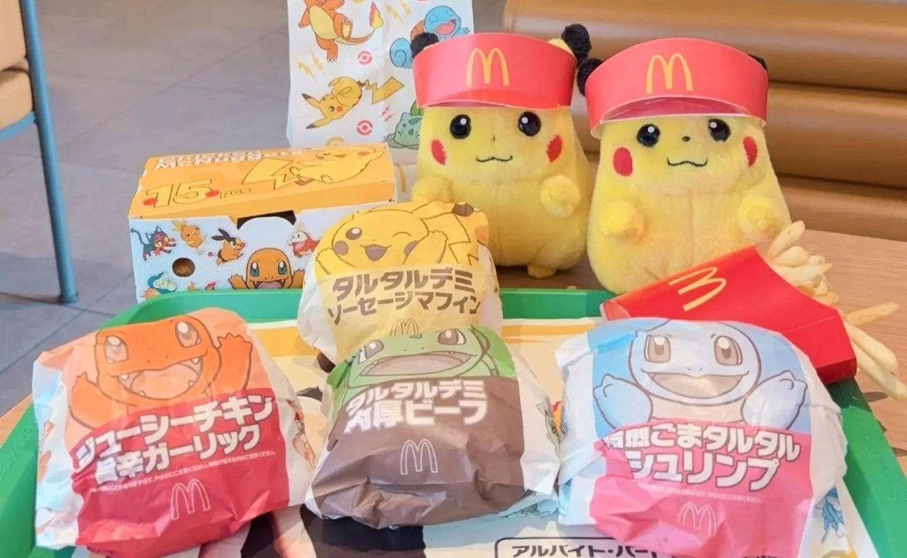 Hambúrgueres temáticos inspirados em Pokémon do McDonald's Japão, incluindo Pikachu, Bulbasaur, Charmander e Squirtle.