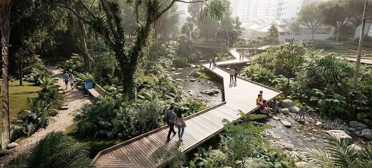 Imagem do rio Bixiga em sua nova configuração integrada ao parque