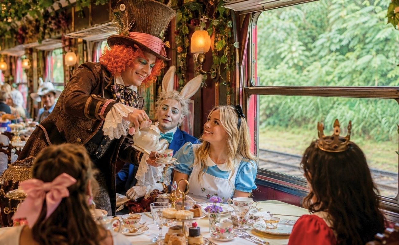 Famílias a bordo do Trem de Alice, com decoração temática de Alice no País das Maravilhas