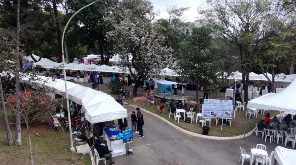 Banner do evento Tem Peixe na Vila, com frutos do mar e ambiente festivo