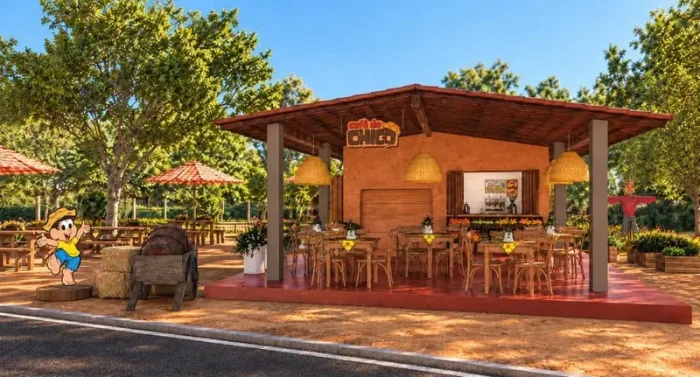 Café do Chico Bento no Parque da Água Branca, São Paulo, com elementos que remetem à cultura caipira.