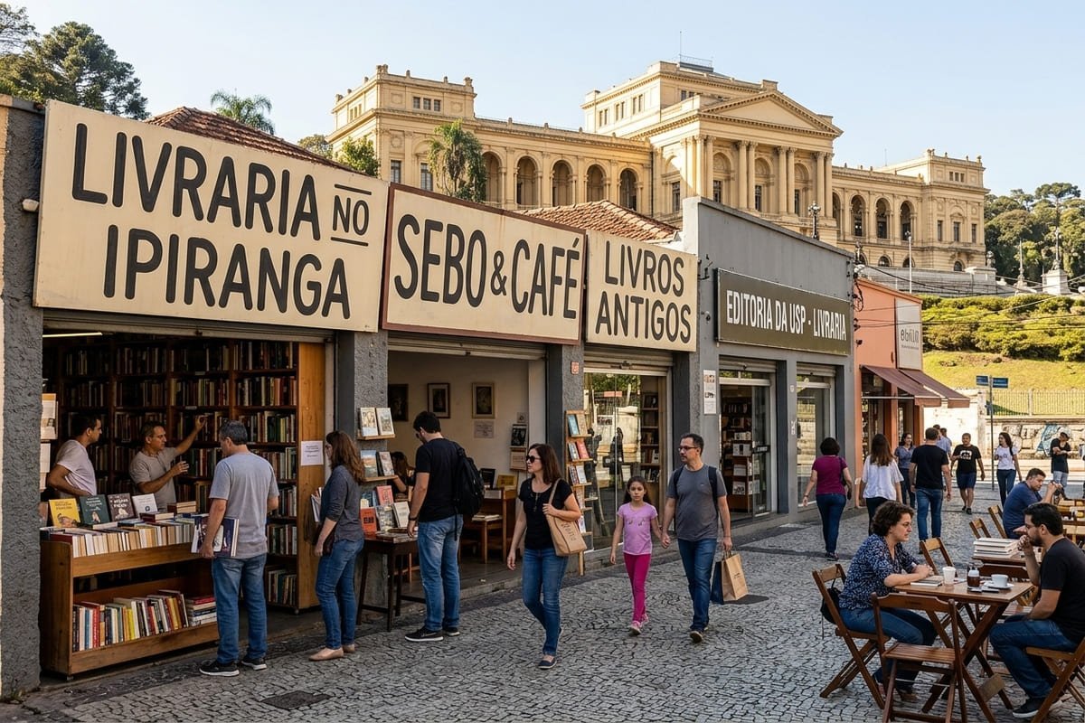 Imagem de uma livraria no Ipiranga, São Paulo, com prateleiras repletas de livros e um ambiente acolhedor.