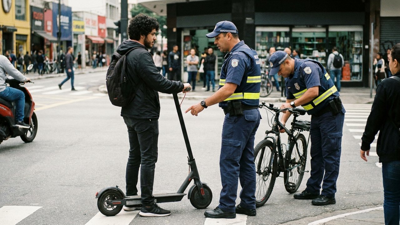 Ciclistas e usuários de patinetes elétricos no trânsito de São Paulo respeitando as novas regulamentações.